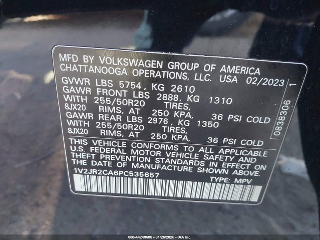 2023 Volkswagen Atlas 3.6l V6 Se W/technology მანქანა იყიდება აუქციონზე, vin: 1V2JR2CA6PC535657, აუქციონის ნომერი: 44240608