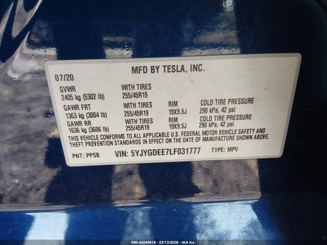 2020 TESLA MODEL Y 5YJYGDEE7LF031777 Photo 8