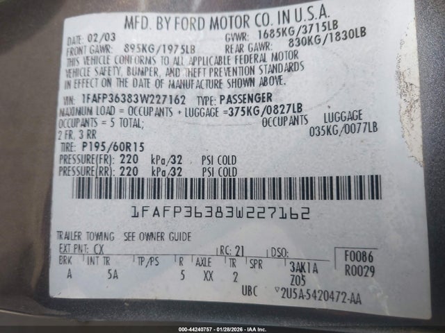 2003 FORD FOCUS 1FAFP36383W227162 Photo 8