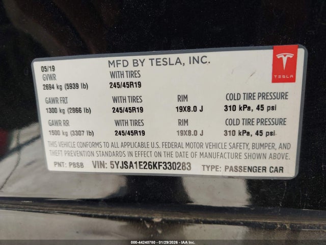 2019 TESLA MODEL S 5YJSA1E26KF330283 Photo 8
