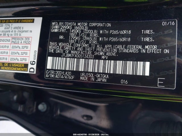 44240786 :رقم المزاد ، JTJBM7FX0G5134303 vin ، 2016 Lexus Gx 460 مزاد بيع