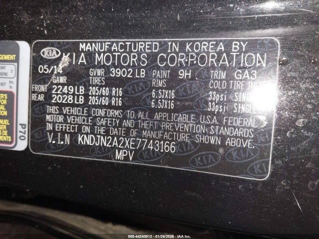 44240912 :رقم المزاد ، KNDJN2A2XE7743166 vin ، 2014 Kia Soul مزاد بيع