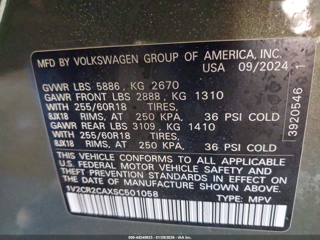Продажа на аукционе авто 2025 Volkswagen Atlas 2.0t Peak Edition, vin: 1V2CR2CAXSC501058, номер лота: 44240923
