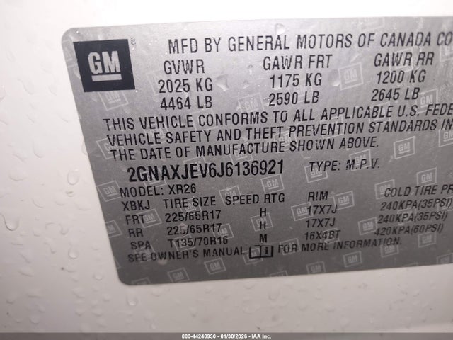 2018 Chevrolet Equinox Lt მანქანა იყიდება აუქციონზე, vin: 2GNAXJEV6J6136921, აუქციონის ნომერი: 44240930