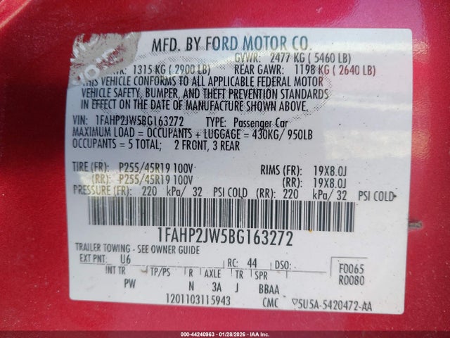 44240963 :رقم المزاد ، 1FAHP2JW5BG163272 vin ، 2011 Ford Taurus Limited مزاد بيع