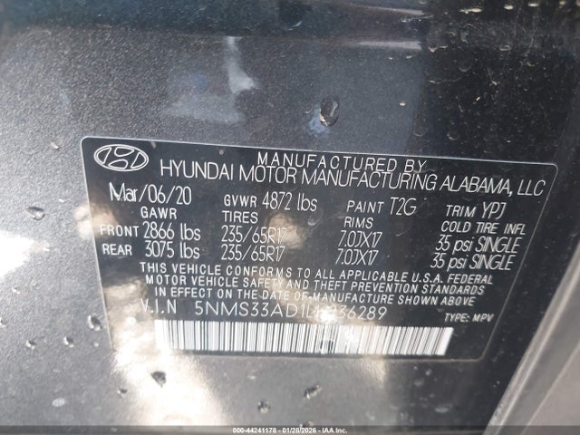 5NMS33AD1LH236289 Hyundai Santa Fe Sel