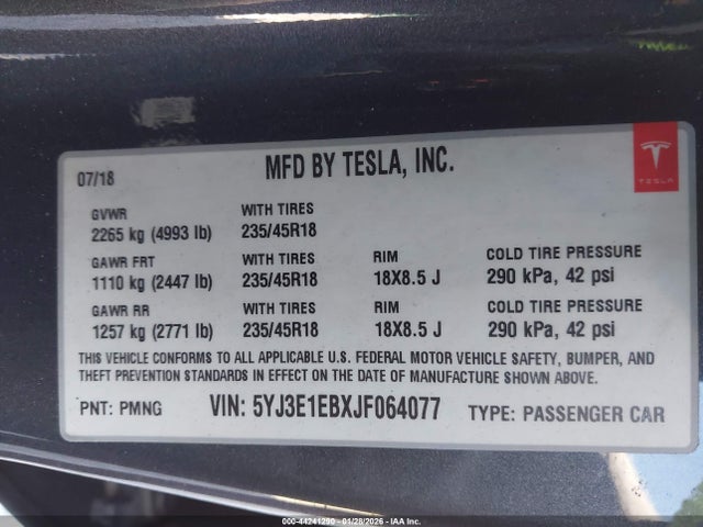 Продаж на аукціоні авто 2018 Tesla Model 3 Long Range/performance, vin: 5YJ3E1EBXJF064077, номер лоту: 44241290