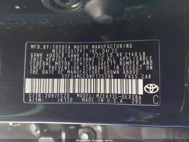 5YFS4MCE9NP115298 Toyota Corolla Se Nightshade Edition