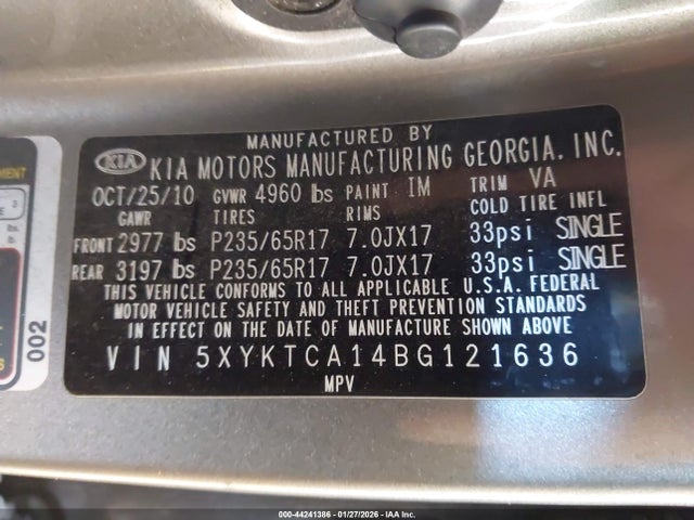 44241386 :رقم المزاد ، 5XYKTCA14BG121636 vin ، 2011 Kia Sorento Lx مزاد بيع