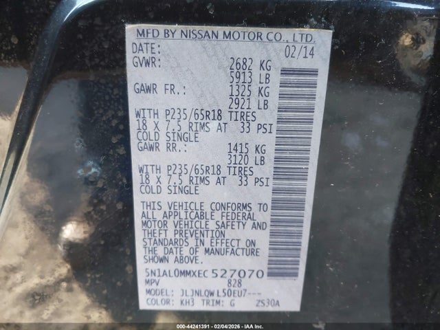 2014 Infiniti Qx60 მანქანა იყიდება აუქციონზე, vin: 5N1AL0MMXEC527070, აუქციონის ნომერი: 44241391