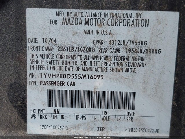 Aukcja sprzedaży 2005 Mazda Mazda6 S Sport, vin: 1YVHP80D555M16095, numer aukcji: 44241439