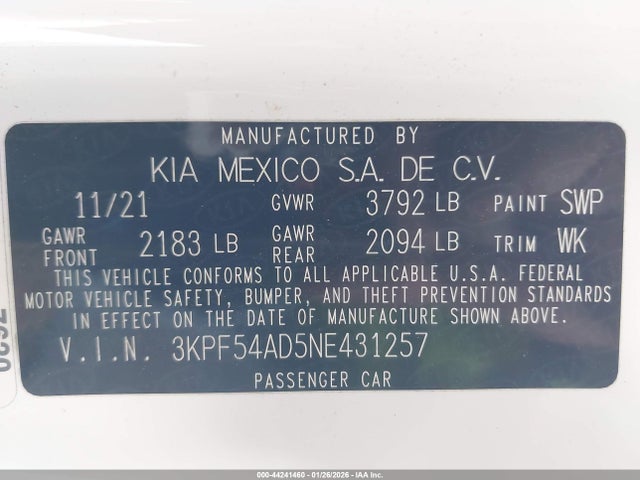 3KPF54AD5NE431257 KIA Forte Gt-line