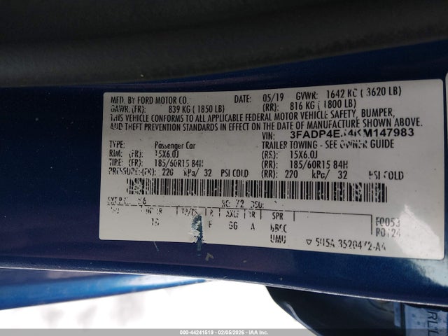 Продаж на аукціоні авто 2019 Ford Fiesta Se, vin: 3FADP4EJ4KM147983, номер лоту: 44241519