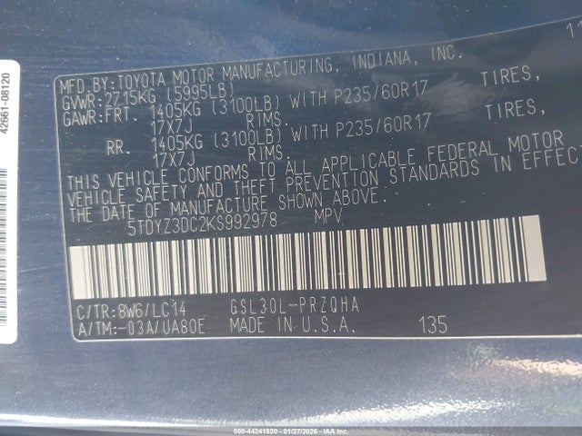 5TDYZ3DC2KS992978 Toyota Sienna Xle 8 Passenger