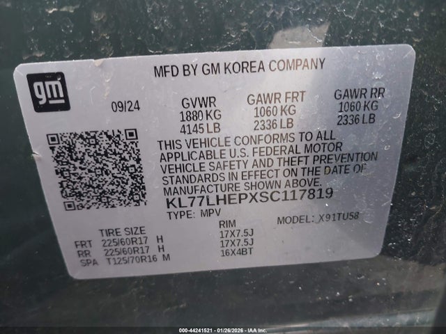 KL77LHEPXSC117819 Chevrolet Trax Fwd Lt