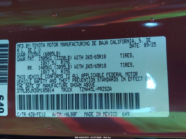 44241575 :رقم المزاد ، 3TMLB5JN3SM185014 vin ، 2025 Toyota Tacoma Trd Sport مزاد بيع