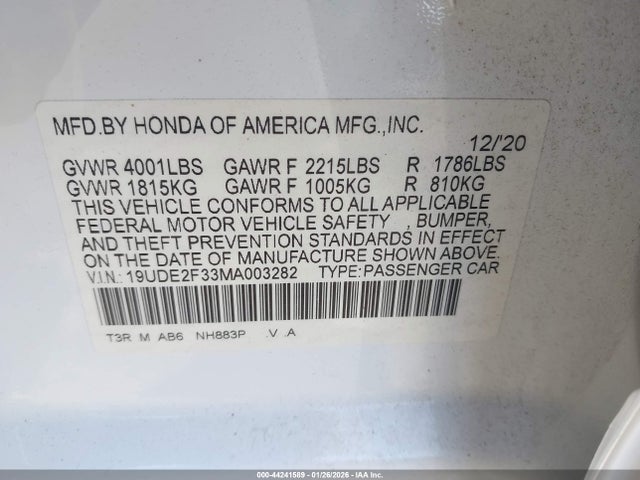 44241589 :رقم المزاد ، 19UDE2F33MA003282 vin ، 2021 Acura Ilx Standard مزاد بيع
