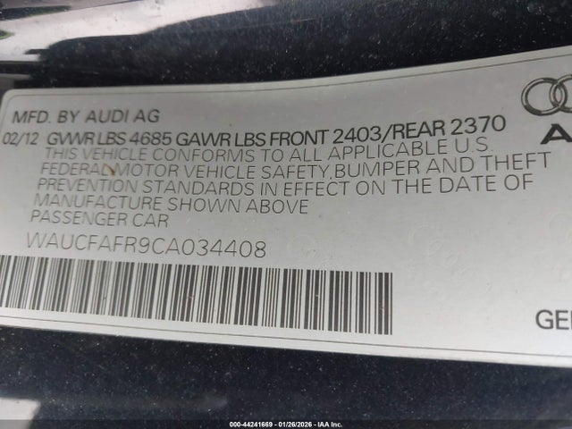 44241669 :رقم المزاد ، WAUCFAFR9CA034408 vin ، 2012 Audi A5 2.0t Premium مزاد بيع