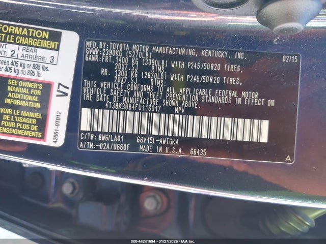 Aukcja sprzedaży 2015 Toyota Venza Xle V6, vin: 4T3BK3BB4FU116017, numer aukcji: 44241694
