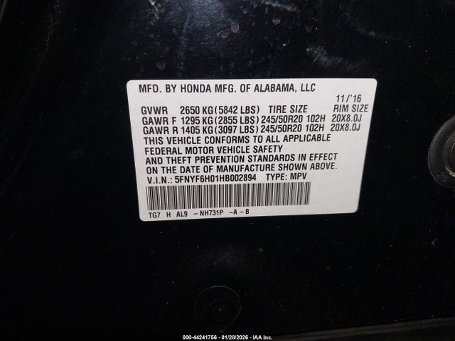 5FNYF6H01HB002894 Honda Pilot Elite