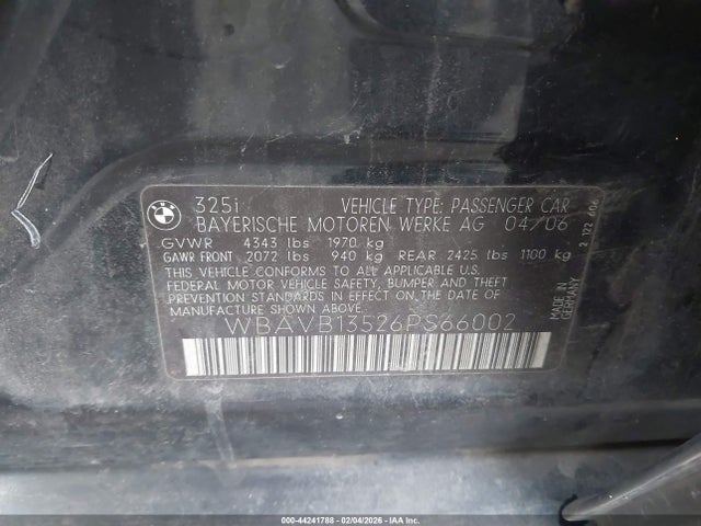 44241788 :رقم المزاد ، WBAVB13526PS66002 vin ، 2006 Bmw 325i مزاد بيع