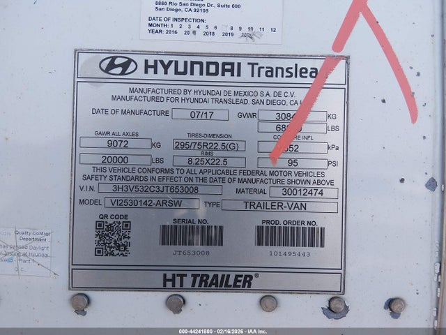 44241800 :رقم المزاد ، 3H3V532C3JT653008 vin ، 2018 Hyundai Translead Inc Unknown مزاد بيع
