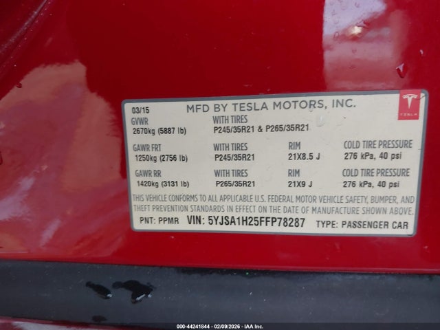 Продаж на аукціоні авто 2015 Tesla Model S 70d/85d/p85d, vin: 5YJSA1H25FFP78287, номер лоту: 44241844