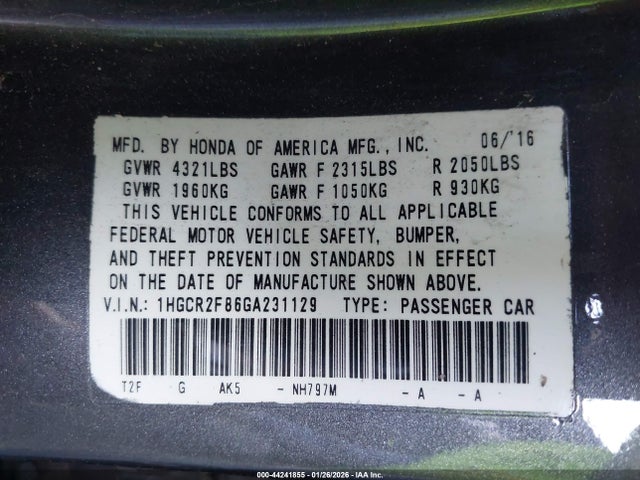 1HGCR2F86GA231129 Honda Accord Ex-l