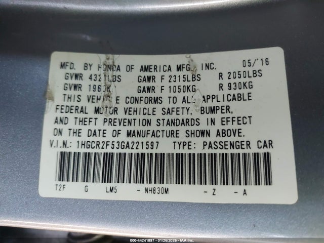 1HGCR2F53GA221597 Honda Accord Sport