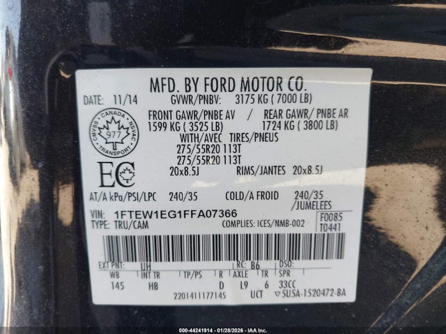 Продаж на аукціоні авто 2015 Ford F-150 Lariat, vin: 1FTEW1EG1FFA07366, номер лоту: 44241914
