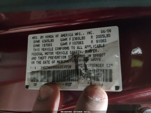 44241924 :رقم المزاد ، 1HGCM66566A053958 vin ، 2006 Honda Accord Sdn Ex-l V6 مزاد بيع