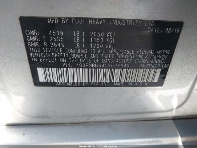 Aukcja sprzedaży 2016 Subaru Legacy 2.5i Limited, vin: 4S3BNBN64G3006640, numer aukcji: 44241925
