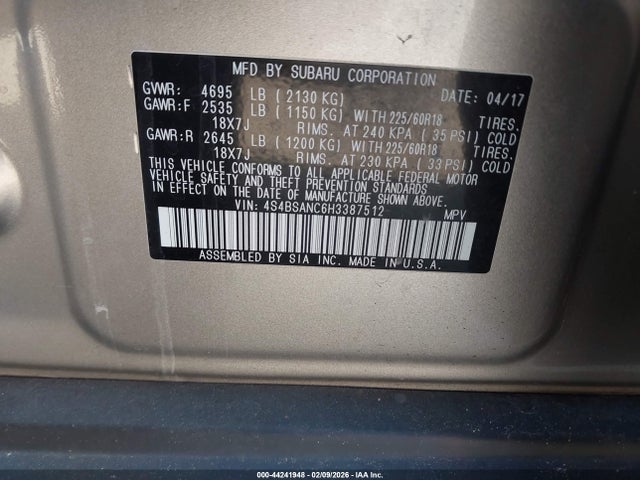 Aukcja sprzedaży 2017 Subaru Outback 2.5i Limited, vin: 4S4BSANC6H3387512, numer aukcji: 44241948
