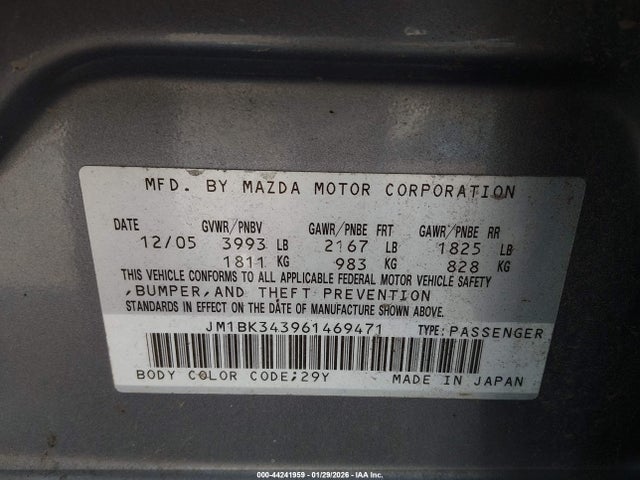 Продаж на аукціоні авто 2006 Mazda Mazda3 S Touring, vin: JM1BK343961469471, номер лоту: 44241959