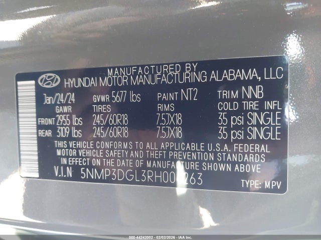 Aukcja sprzedaży 2024 Hyundai Santa Fe Xrt, vin: 5NMP3DGL3RH004263, numer aukcji: 44242002
