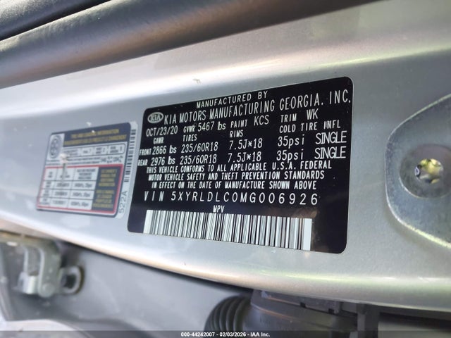 2021 Kia Sorento S მანქანა იყიდება აუქციონზე, vin: 5XYRLDLC0MG006926, აუქციონის ნომერი: 44242007