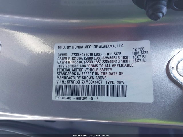 5FNRL6H7XMB041407 Honda Odyssey Ex-l