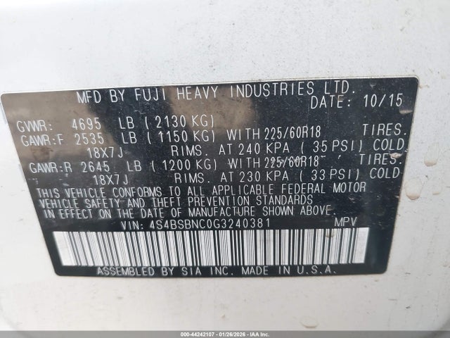 4S4BSBNC0G3240381 Subaru Outback 2.5i Limited