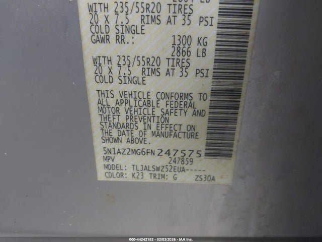 Aukcja sprzedaży 2015 Nissan Murano Platinum, vin: 5N1AZ2MG6FN247575, numer aukcji: 44242152