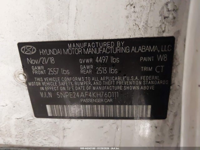 44242180 :رقم المزاد ، 5NPE24AF4KH760111 vin ، 2019 Hyundai Sonata Se مزاد بيع