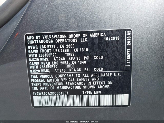 2019 VOLKSWAGEN ATLAS 1V2WR2CAXKC504801 Photo 8