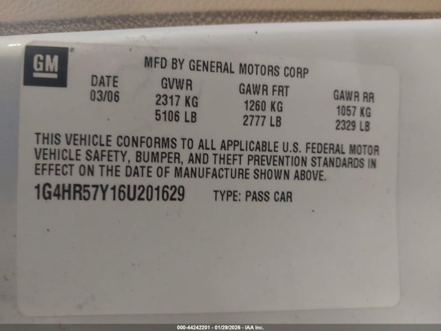 44242201 :رقم المزاد ، 1G4HR57Y16U201629 vin ، 2006 Buick Lucerne Cxl مزاد بيع