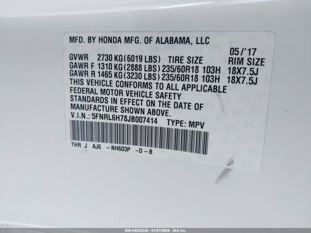 44242235 :رقم المزاد ، 5FNRL6H78JB007414 vin ، 2018 Honda Odyssey Ex-l مزاد بيع