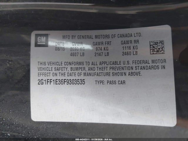 2015 Chevrolet Camaro 2lt მანქანა იყიდება აუქციონზე, vin: 2G1FF1E36F9303535, აუქციონის ნომერი: 44242311