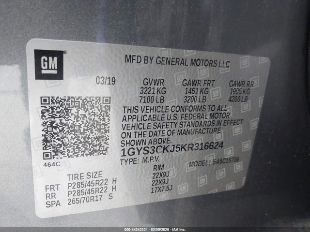 44242321 :رقم المزاد ، 1GYS3CKJ5KR316624 vin ، 2019 Cadillac Escalade Premium Luxury مزاد بيع