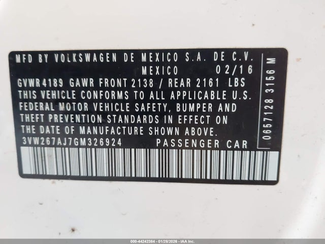 44242384 :رقم المزاد ، 3VW267AJ7GM326924 vin ، 2016 Volkswagen Jetta 1.4t S مزاد بيع