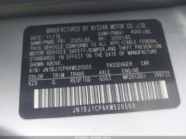 44242397 :رقم المزاد ، JN1BJ1CP6KW520503 vin ، 2019 Nissan Rogue Sport S مزاد بيع