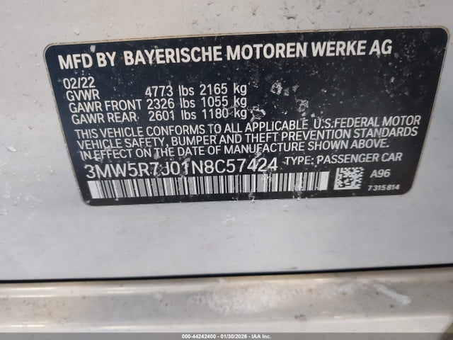 Aukcja sprzedaży 2022 Bmw 330i Xdrive, vin: 3MW5R7J01N8C57424, numer aukcji: 44242400
