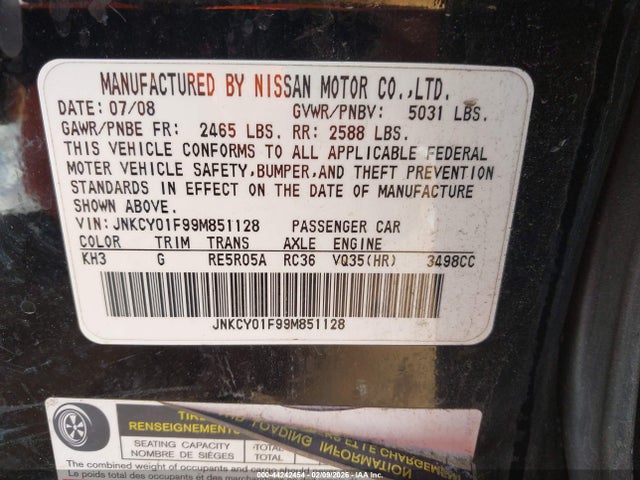 44242454 :رقم المزاد ، JNKCY01F99M851128 vin ، 2009 Infiniti M35x مزاد بيع