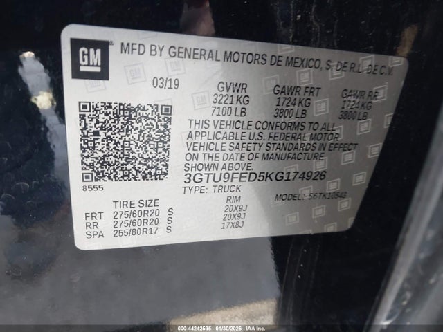 2019 Gmc Sierra 1500 Denali მანქანა იყიდება აუქციონზე, vin: 3GTU9FED5KG174926, აუქციონის ნომერი: 44242595